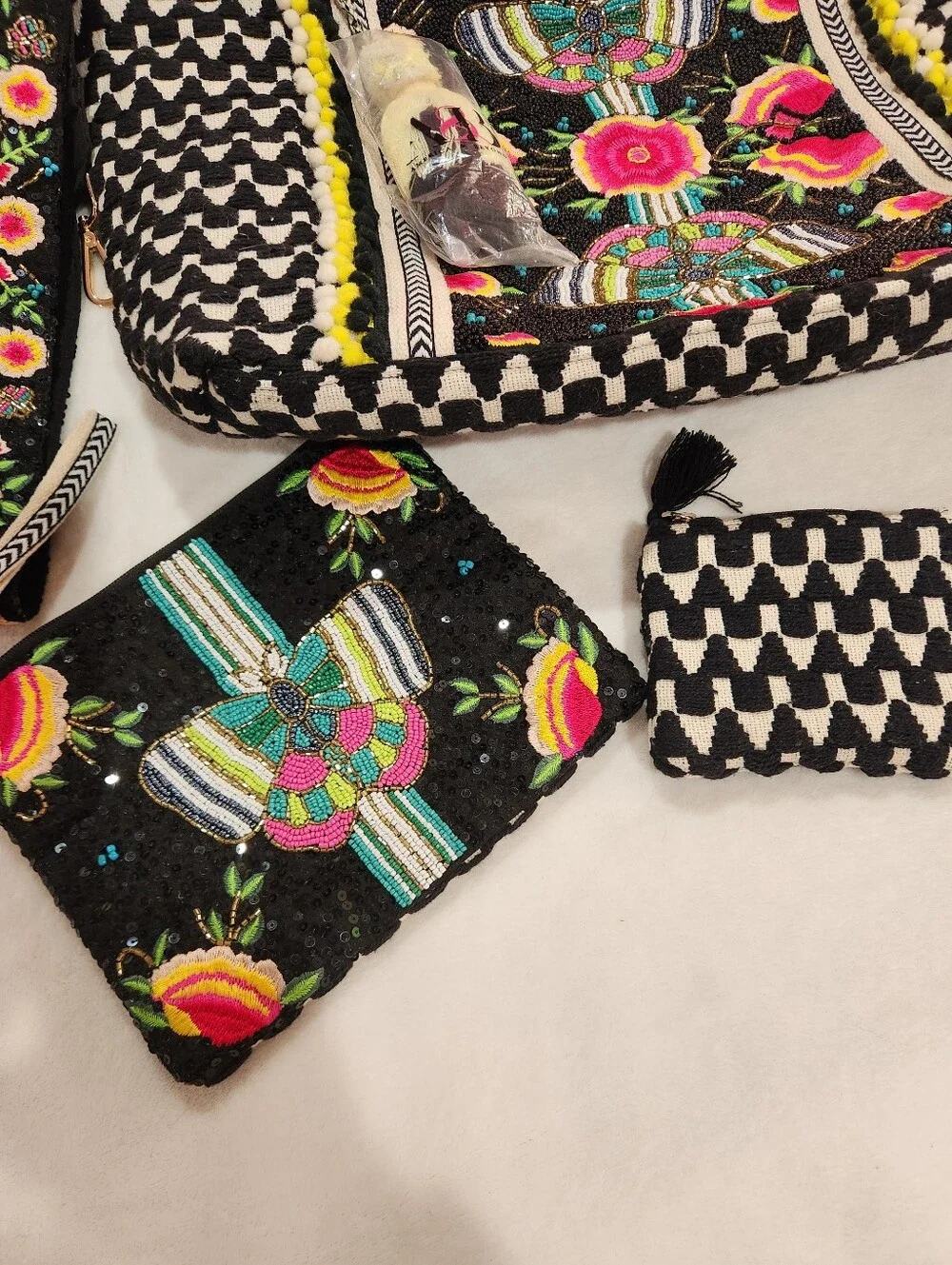 America & Beyound Embroidered/Embellished Floral Set: Tote, Pouch & Coin Purse